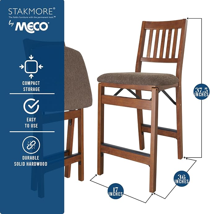 MECO Stakmore Premium Solid Wood Dining Table Folding Counter Stools Set with Fabric Padded Upholstered Seat, Espresso (2 Pack)