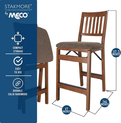 MECO Stakmore Premium Solid Wood Dining Table Folding Counter Stools Set with Fabric Padded Upholstered Seat, Espresso (2 Pack)