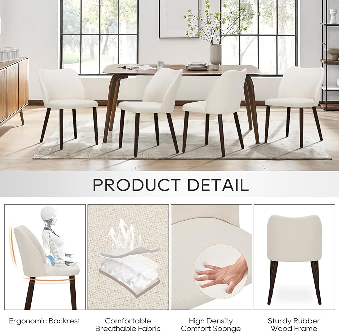 COLAMY Upholstered Dining Chairs Set of 4, Modern Fabric Dining Room Kitchen Side Chair with Padded Seat and Wood Legs for Restaurant/Cafe, Beige