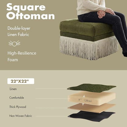 Hyfirm 22 Inch Square Green Ottoman with Fringe for Living Room, Plush Footstool Ottoman for for Bedroom, Modern Boho Upholstered Accent Pouf Ottomans Foot Rest