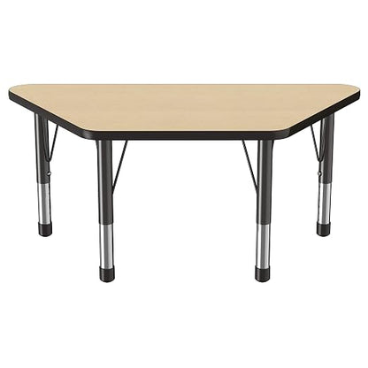 FDP Trapezoid Activity School and Classroom Kids Table (24 x 48 inch), Chunky Toddler Legs for Collaborative Seating Environments, Adjustable Height 15-24 inches - Maple Top and Black Edge
