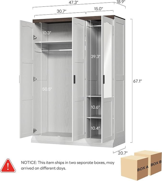 ANCTOR 3 Door Armoire Wardrobe Closet with Mirror, Large Wardrobe Closet with Doors, White Armoire for Bedroom with Hanging Rods & Shelves for Long Clothing, Short Clothing and Stacking, Modern