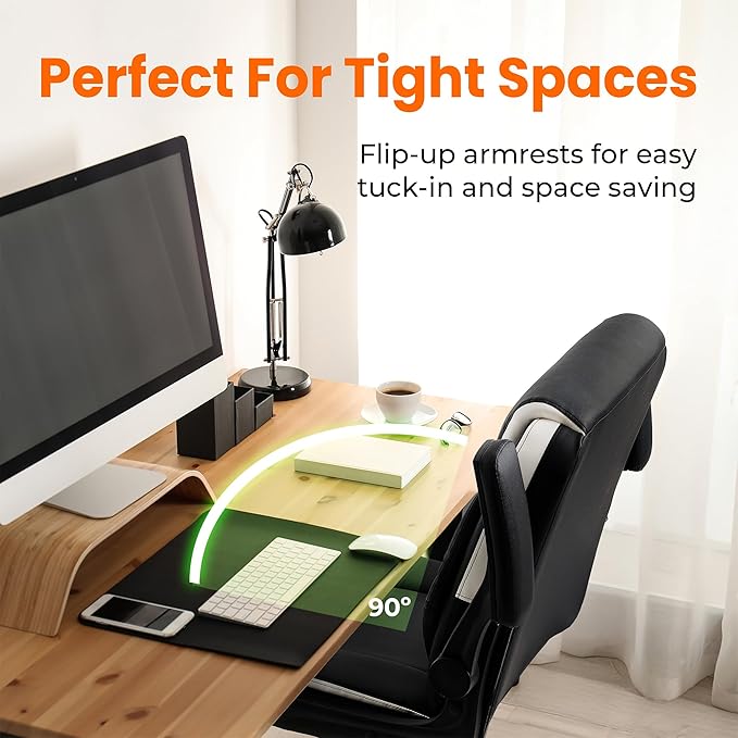 NEO CHAIR Desk Office Gaming Computer Chair Ergonomic Executive Mid-Back Leather with Adjustable Padded Flip-Up Armrests Cushion Wheels Swivel for Home Study Task (Black White)