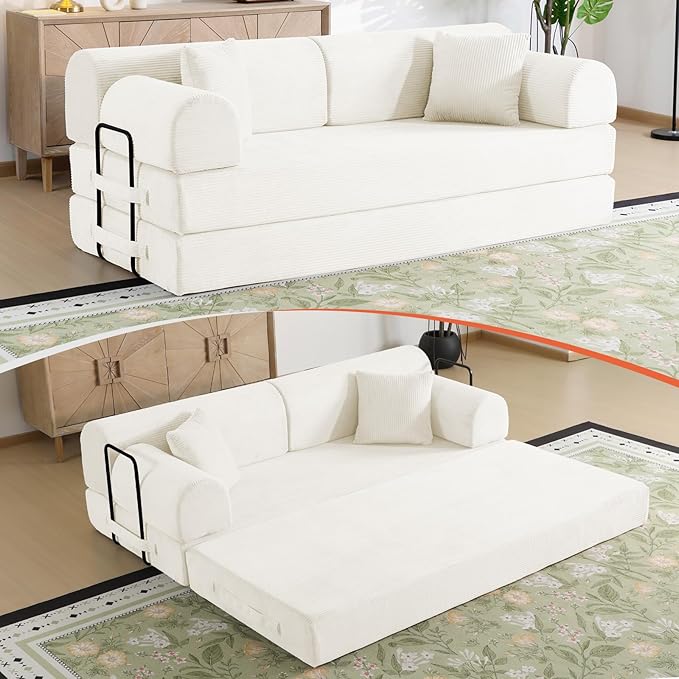 78.8" Memory Foam Boneless Couch, Corduroy Floor Sofa Bed, Convertible Sleeper Futon Loveseat, Wide Armrests & Back Support, Supports Up to 1200 lbs, Couch in a Box with 2 Pillows, Lvory