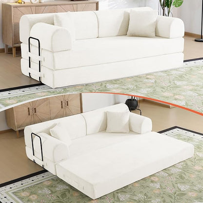 79" Corduroy Sofa Bed, Boneless Couch in a Box with 2 Pillows, High-Density Foam 4-in-1 Foldable Sleeper Futon Loveseat for Small Spaces, No Assembly, Side Pockets, Round Arm White
