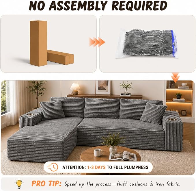 103” Cloud Sectional Couch, Convertible Boneless Couch, Modular L-Shaped Couch, Soft Friendly Fluffy Couch, No Assembly Required(Left-Facing, Grey)