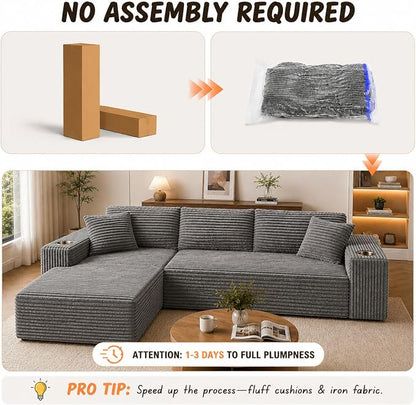 103” Cloud Sectional Couch, Convertible Boneless Couch, Modular L-Shaped Couch, Soft Friendly Fluffy Couch, No Assembly Required(Left-Facing, Grey)