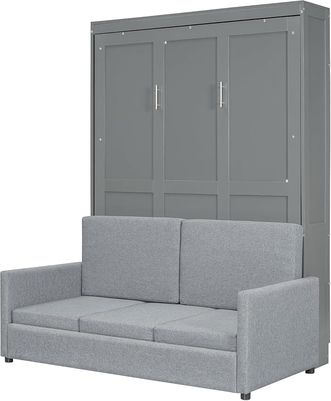 MERITLINE Full Murphy Bed with Couch,Wood Murphy Bed Cabinet with Sofa,Fold up Bed Grey Murphy Wall Bed Full Size