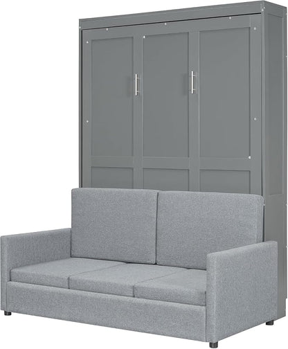 MERITLINE Full Murphy Bed with Couch,Wood Murphy Bed Cabinet with Sofa,Fold up Bed Grey Murphy Wall Bed Full Size