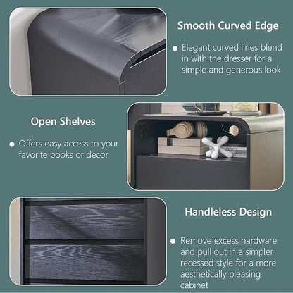 Aitjunz 25" Tall Modern Nightstand Set of 2, 23.6'' Wide Wood Bedside Table w/2 Storage Drawers, Charging Station, Mid Century End Table for Bedroom, Living Room,Curved Profile Design, Black