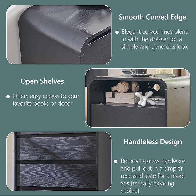 Aitjunz 25" Tall Modern Nightstand with Charging Station, 23.6'' Wide Wood Bedside Table w/2 Storage Drawers, Large Mid Century End Table for Bedroom, Living Room, Curved Profile Design, Black