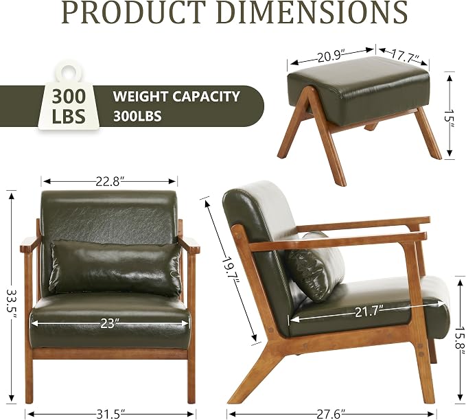 Accent Chair and Ottoman Set, Mid-Century Modern Faux Leather Upholstered Lounge Armchair with Pillow, Solid Wood Frame & Comfortable Cushion for Living Room, Bedroom, Balcony, Green