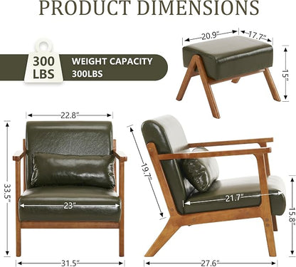 Accent Chair and Ottoman Set, Mid-Century Modern Faux Leather Upholstered Lounge Armchair with Pillow, Solid Wood Frame & Comfortable Cushion for Living Room, Bedroom, Balcony, Green