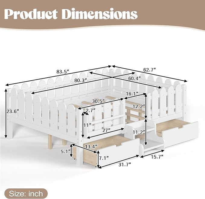 Bellemave Queen Kids Montessori Bed with Stairs, Bookshelf and LED Lights, Solid Wood Kids Bed Frame with Storage Drawers for Boys Girls, Low Profile,White