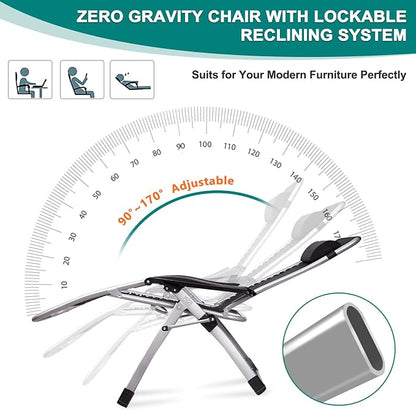 DoCred Zero Gravity Chair, Lawn Recliner, Reclining Patio Lounger Chair, Folding Portable Chaise with Detachable Soft Cushion, Cup Holder, Headrest