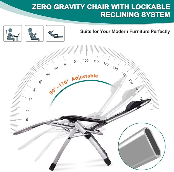 DoCred Zero Gravity Chair, Lawn Recliner, Reclining Patio Lounger Chair, Folding Portable Chaise with Detachable Soft Cushion, Cup Holder, Headrest