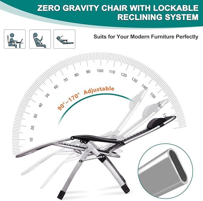 DoCred Zero Gravity Chair Oversized XL, Lawn Recliner, Reclining Patio Lounger Chair, Folding Portable Chaise with Detachable Soft Cushion, Cup Holder, Headrest