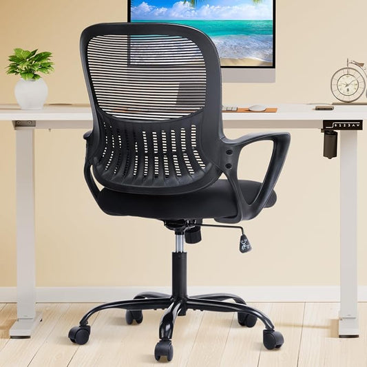 DUMOS Home Office Desk Chair - Ergonomic Mid Back with Lumbar Support & Rocking Mode, Height Adjustable with Fixed Armrest, for Conference, Computer, Meeting Room, 360° Swivel, Adults, Adults, Black