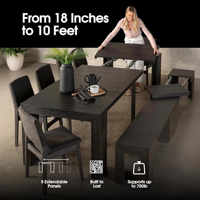 Transformer Table - Solid Wood Extendable Dining Table, Seats 2-12, Expandable Dining Room Table, Space-Saving Furniture, Kitchen and Dining Room Furniture (Black, Table + Coffee Table)