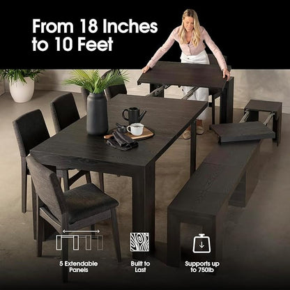 Transformer Table - Solid Wood Extendable Dining Table, Seats 2-12, Expandable Dining Room Table, Space-Saving Furniture, Kitchen and Dining Room Furniture (Black, Table + 4 Chairs)