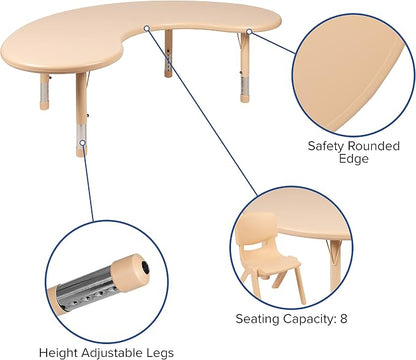 Flash Furniture Wren 35"W x 65"L Half-Moon Natural Plastic Height Adjustable Activity Table
