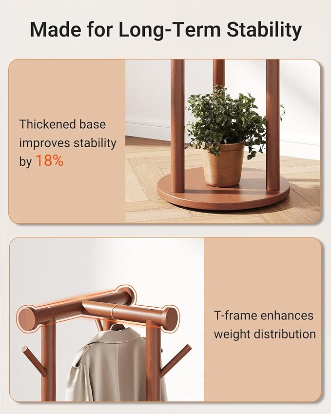 Pipishell Solid Wood Freestanding Coat Rack, Coat Tree with 5 Wheels, Wooden Coat Stand with 9 Hooks & 3-Tier Shelves for Entryway, Bedroom, Hallway, Living Room