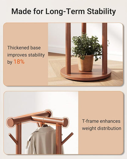 Pipishell Solid Wood Freestanding Coat Rack, Coat Tree with 5 Wheels, Wooden Coat Stand with 9 Hooks & 3-Tier Shelves for Entryway, Bedroom, Hallway, Living Room