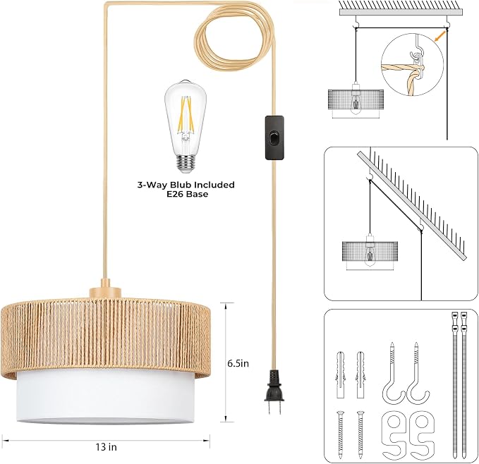 Qingmiao Boho Plug in Pendant Light, Rattan Hanging Lamp Plug in with Woven Shade, 3-Way Dimmable Hanging Light Fixture for Living Room Bedroom Kitchen Ceiling Home Decor