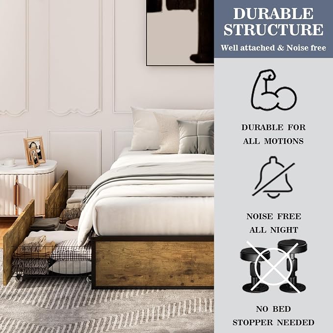Allewie Industrial Storage Bed with Drawers, Wooden Metal Platform, Sturdy & Noise-Free, Modern Queen Size for Bedroom & Apartment