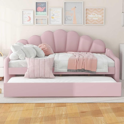 Ball & Cast Full Size Daybed with Trundle,Velvet Upholstered Day Bed Frame Full with Shall Shaped Backrest and Wood Slat Support,No Box Spring Needed,Pink