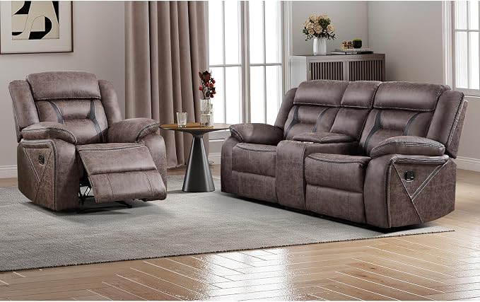 EBELLO Manual Recliner Sofa Set, Faux Leather Reclining Living Room Furniture Set, Included Single Recliner Chair and Manual Loveseat Sofa, Grey