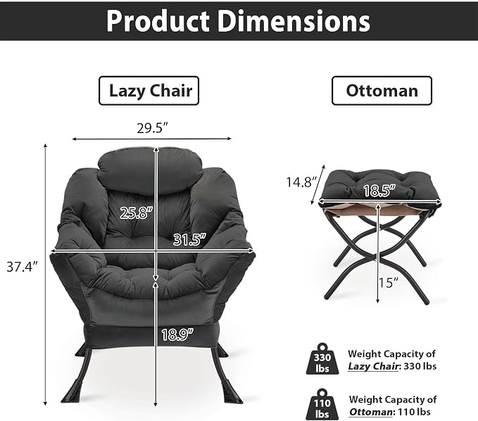 Youtanic Lazy Chair with Folding Ottoman, Accent Chair Velvet Upholstered with Metal Structure and Non-Slip Pads, Sofa Armchair with Footrest and Side Storage Bag for Dorm, Office, Charcoal