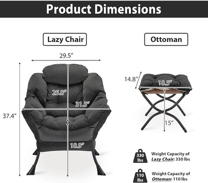 Youtanic Lazy Chair with Folding Ottoman, Accent Chair Velvet Upholstered with Metal Structure and Non-Slip Pads, Sofa Armchair with Footrest and Side Storage Bag for Dorm, Office, Charcoal