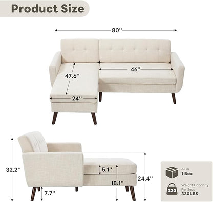 Kingfun L Shaped Couch, 80" W Mid-Century Modern Sofa, Sectional Couches, 3 Seater Sofas with Wide Chaise Lounge, Button Tufted Upholstered Sectional Sofa for Living Room, Bedroom, Beige