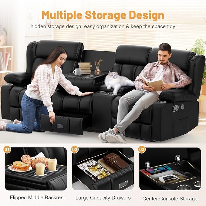 Dresegmt Recliner Sofa Set with Storage Console, Flip Middle Backrest Design 3 Seater Reclining Sofa and 2PC Single Recliner Chair, Manual Couches for Living Room (Black, 3 Seat+Console+1+1)