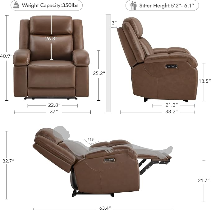 Watson & Whitely Genuine Leather Power Recliner Chairs for Adults, Wall Hugger RV Recliner with Power Headrest & Charging Ports, Electric Recliner Sofa Chair for Living Room, Cafe