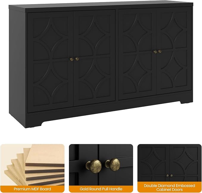 RoyalCraft 112'' Buffet Cabinet with Storage, Modern Sideboard with 4 Carved Doors, Large Wood Coffee Bar Console Table for Kitchen, Dining Room, Entryway, Living Room, Satin Black