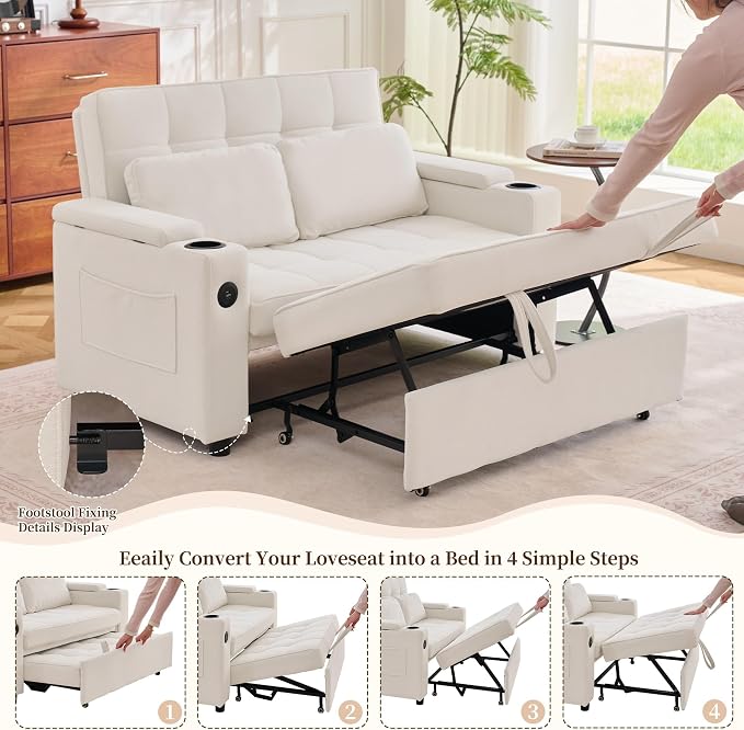 Korser 55.5'' 3-in-1 Convertible Sofa Bed, Pull Out Couch with 5-Position Adjustable Backrest, Loveseat Sleeper Sofa for Small Spaces, Sofa Couch with Cup Holders for Living Room, Office, Chenille