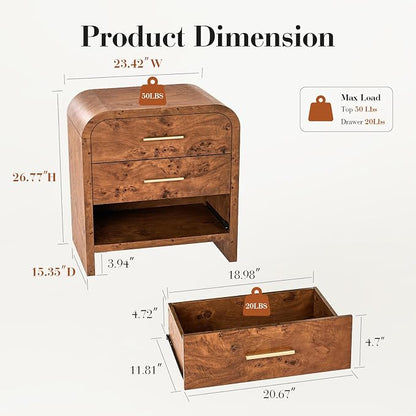 Night Stand Set of 2 [Unique Curved Profile] [FSC-Certified Wooden Board] 3-Drawer Nightstand 26.7" H Metal Handle Modern Sturdy Bedside Table Side Table End Table