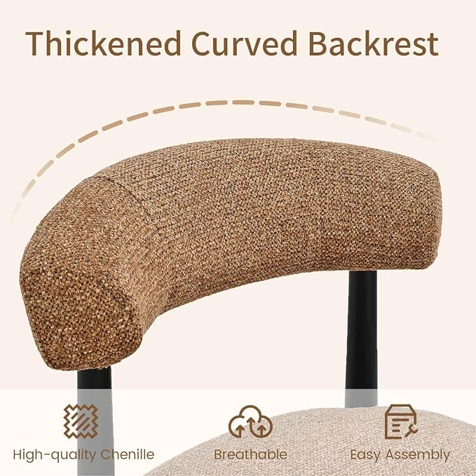 VKNOW Wooden Dining Chairs Set of 4 with Black Rubberwood Legs, Orange | Soft Chenille Fabric, Curved Open Back, Thickened Cushion, For Adults and Family, Dining Room, Kitchen, No Wobble