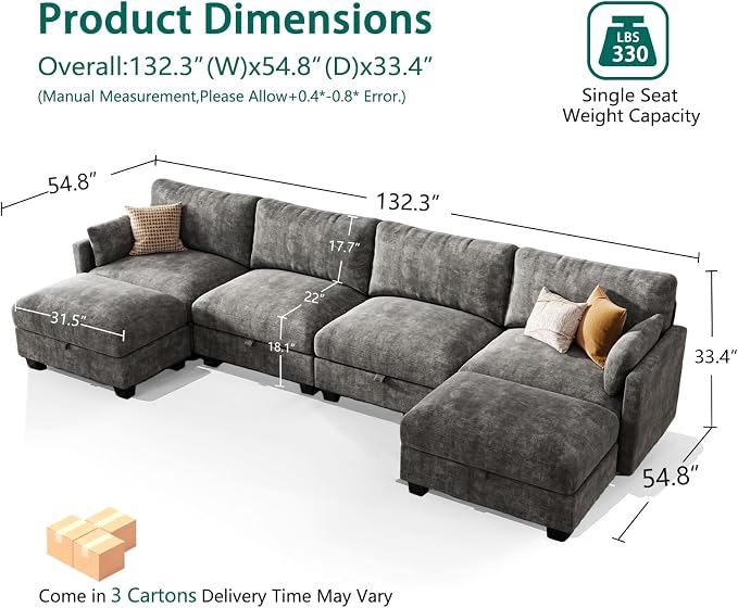 Modular Sectional U Shaped Sofa Couches for Living Room, Cloud Couch with Storage Ottoman, Comfy Chenille Sofa with Pillow, Dark Gray