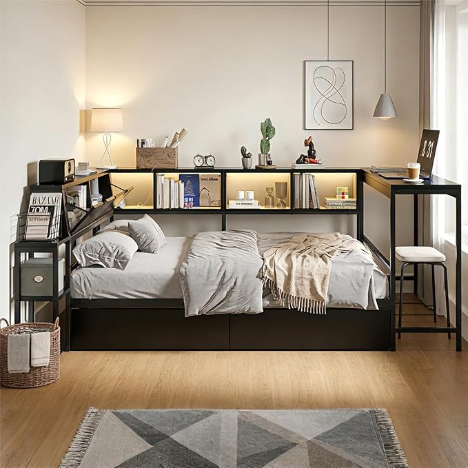 Bellemave Twin Corner Bed Frame with Storage Bookcase & 2 Drawers, Modern Metal Twin Daybed with LED Lights & Charging Station, Reversible Twin Corner Bed with Desk for Space-Saving, Black