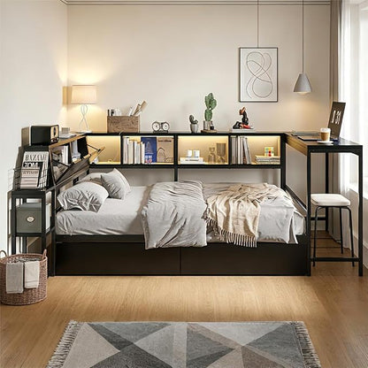 Bellemave Twin Corner Bed Frame with Storage Bookcase & 2 Drawers, Modern Metal Twin Daybed with LED Lights & Charging Station, Reversible Twin Corner Bed with Desk for Space-Saving, Black