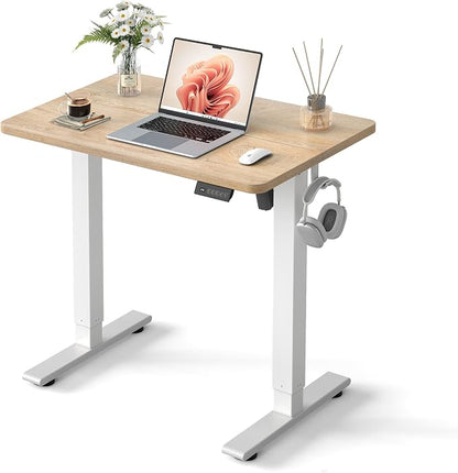 Cubiker Standing Desk, 32" Small Sit Stand Home Office Desk, Electric Stand up Desk, Adjustable Desk with Splice Board, White Frame/Maple Top