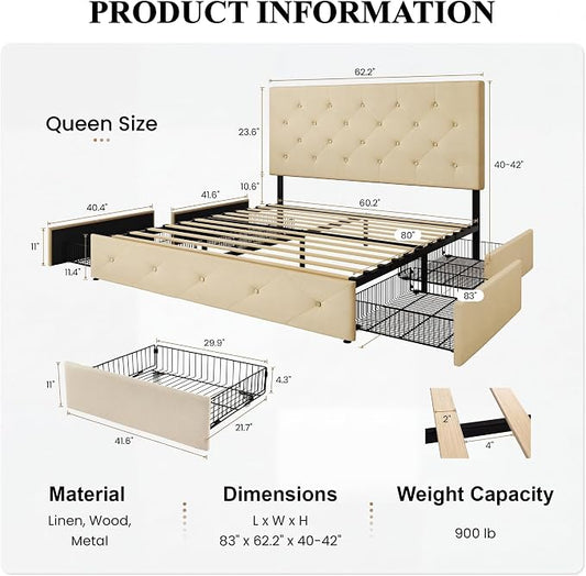 SHA CERLIN Upholstered Queen Size Platform Bed Frame with 4 Storage Drawers, Adjustable Headboard with Diamond Stitched Button Tufted Design, Wooden Slat Support, No Box Spring Needed, Beige