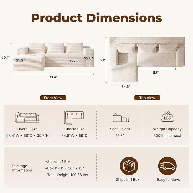 Modular Sectional L-Shaped Sofa with Deep Seat, Modern Boneless Comfy Corduroy Fluffy Couch with Side Pockets and Anti-Slip & Floor-Friendly Bottom for Living Room, No Assembly, White
