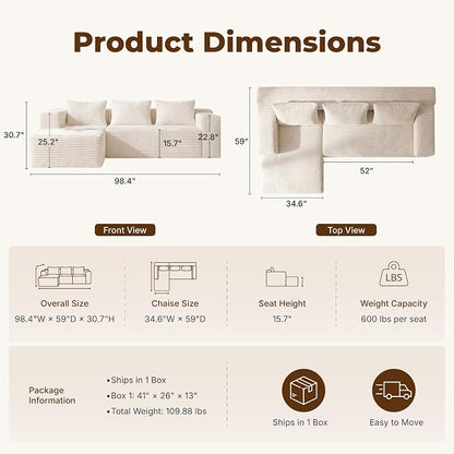 Modular Sectional L-Shaped Sofa with Deep Seat, Modern Boneless Comfy Corduroy Fluffy Couch with Side Pockets and Anti-Slip & Floor-Friendly Bottom for Living Room, No Assembly, White