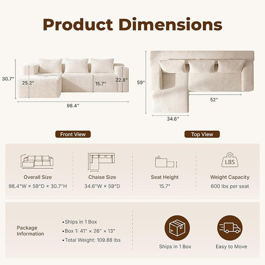 Modular Sectional L-Shaped Sofa with Deep Seat, Modern Boneless Comfy Corduroy Fluffy Couch with Side Pockets and Anti-Slip & Floor-Friendly Bottom for Living Room, No Assembly, White
