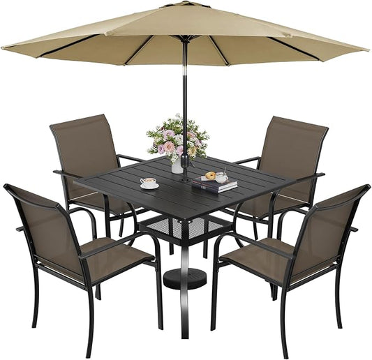 SUNCROWN 6 - Piece Outdoor Dining Set, Patio Furniture Set with 4 Textilene Dinning Chairs, 1 Steel Slat Metal Bistro Table and 1 Brown 9Ft Patio Umbrella for Lawn Garden Backyard Deck, Brown