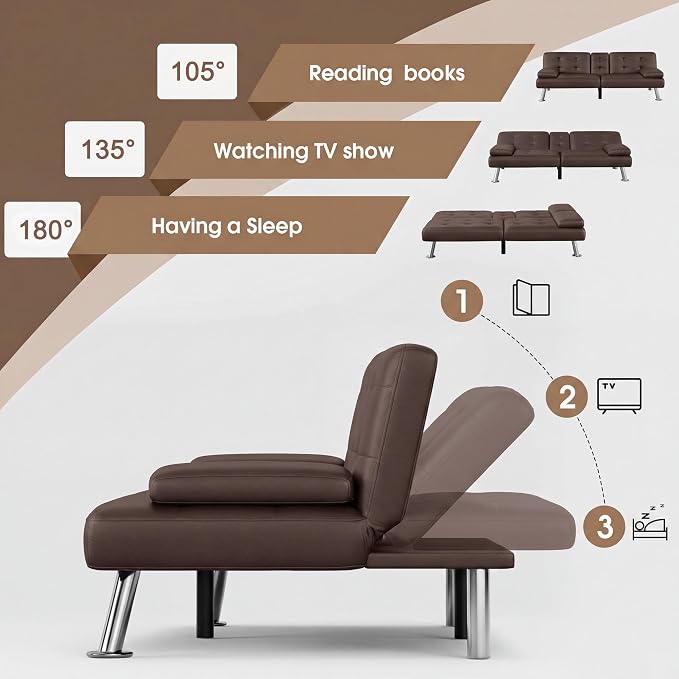 Flamaker Futon Sofa Bed Modern Folding Futon Set Convertible Recliner Lounge for Living Room with 2 Cup Holders, Removable Armrests (PU Leather, Brown)